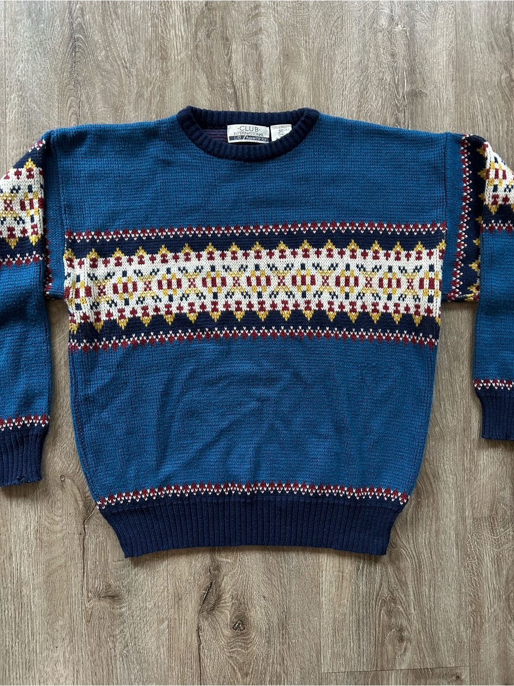 Vintage Tip Top Club Intern Teal Blue Fair Isle Crewneck Sweater with Navy Trim